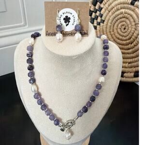 Second Bloom Studio Amethyst Pearl Necklace & Earring Set 19" Artisan Made